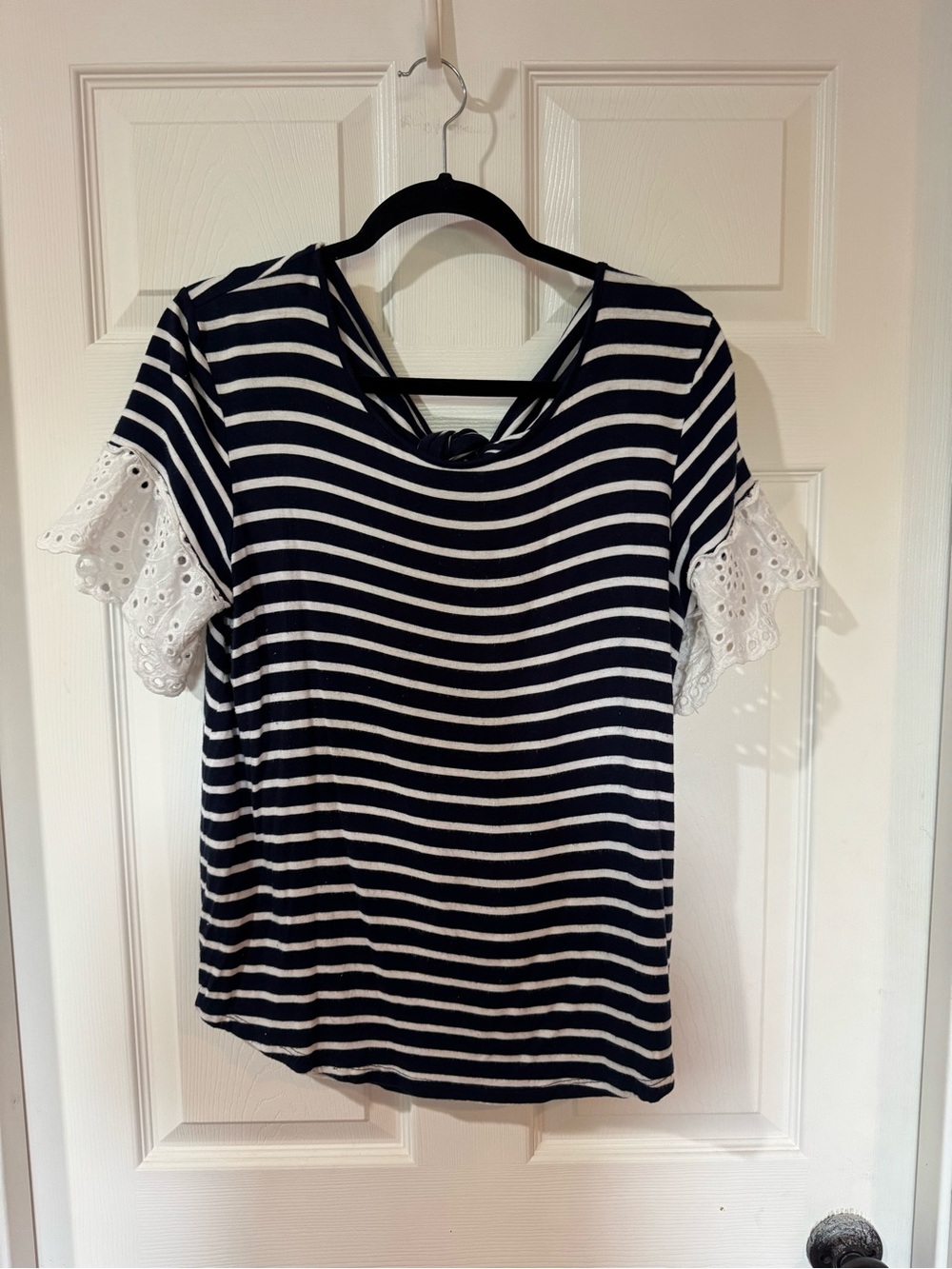 Maurices Navy and White Striped Short-Sleeve Top with Lace Sleeves